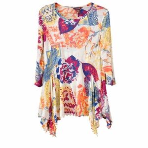 Multiples Floral Patchwork Mesh  Tunic Top M 3/4 Sleeve Asymmetrical Hem Stretch